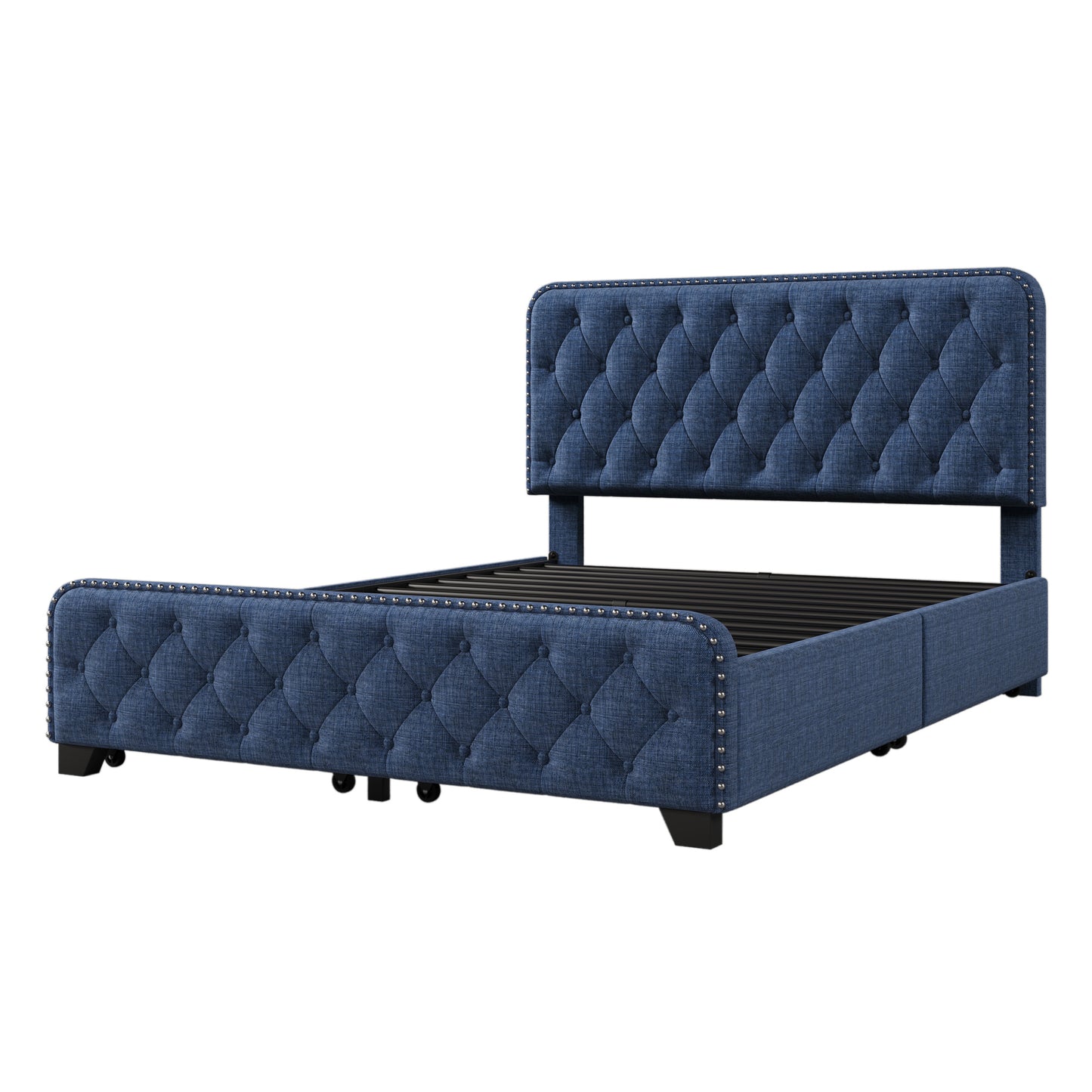 upholstered platform bed frame with four drawers, blue