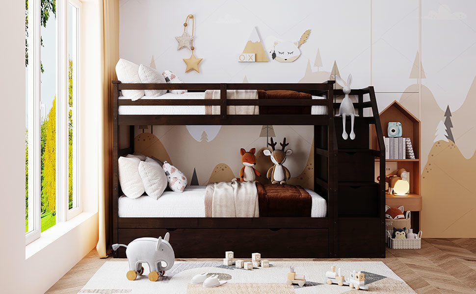 twin-over-twin bunk bed with twin size trundle and 3 storage stairs, espresso