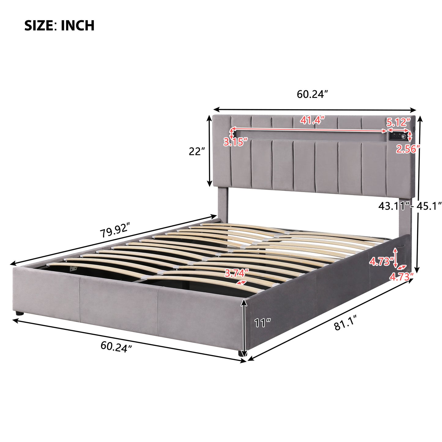 velvet upholstered hydraulic storage bed with led light, bluetooth player, and usb charging