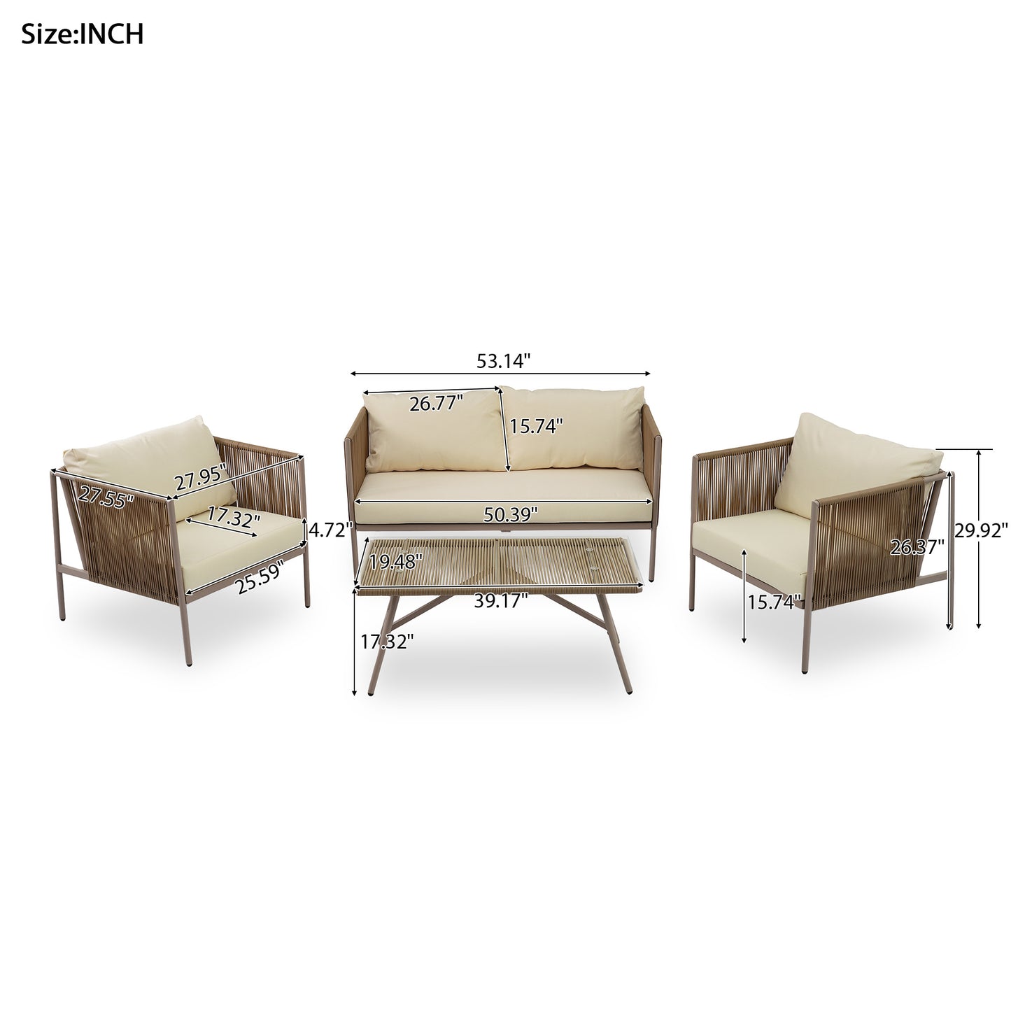 go 4-piece rope sofa set with thick cushions , beige