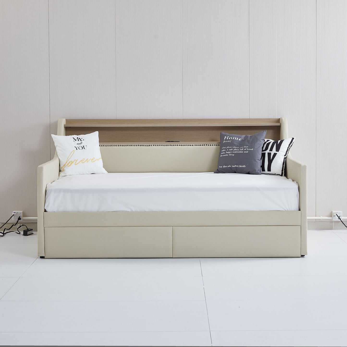 upholstered bed with charging station and led lights, beige