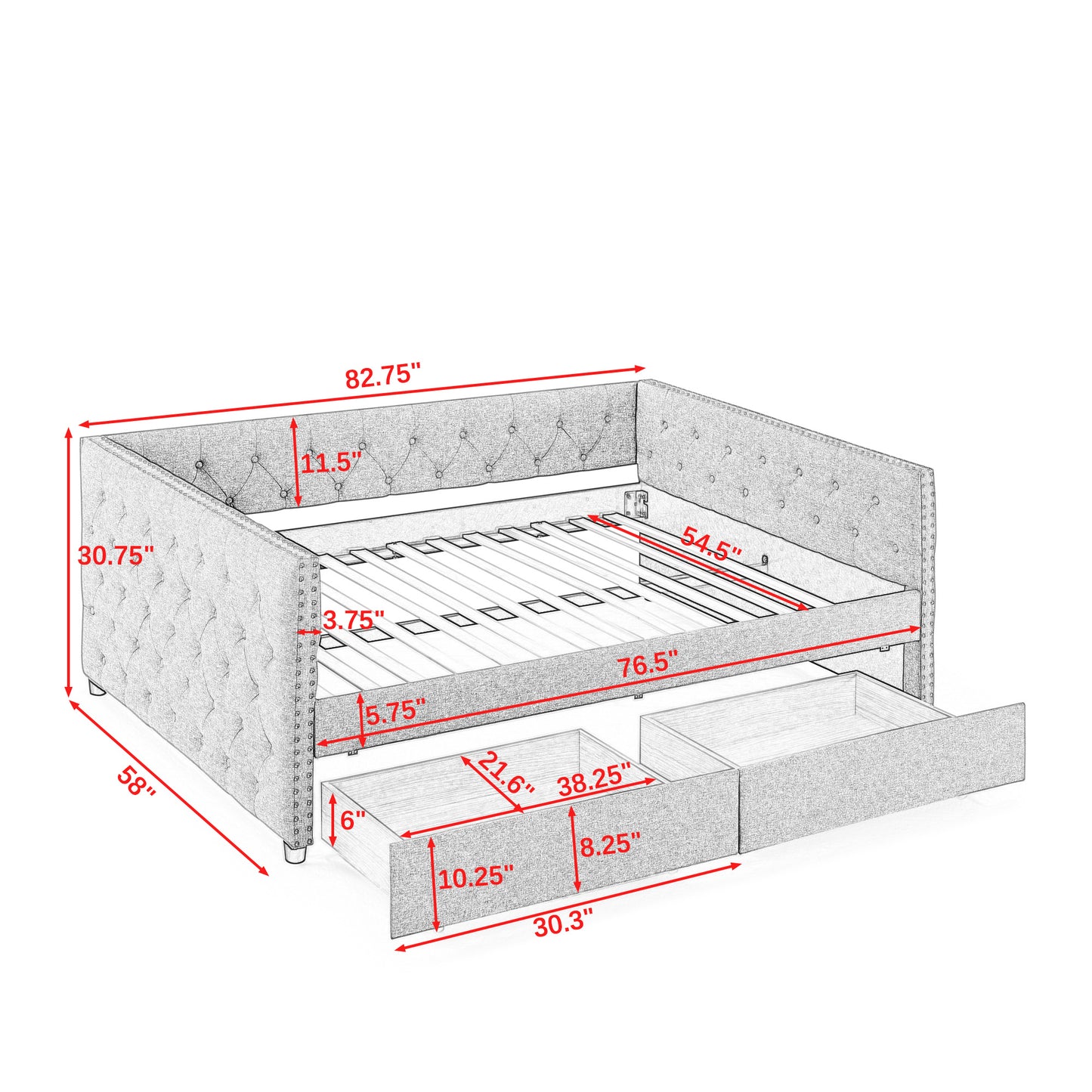upholstered full size bed with two drawers, grey