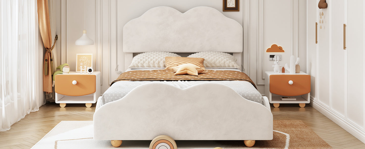 upholstered bed with cloud shaped bed board, beige