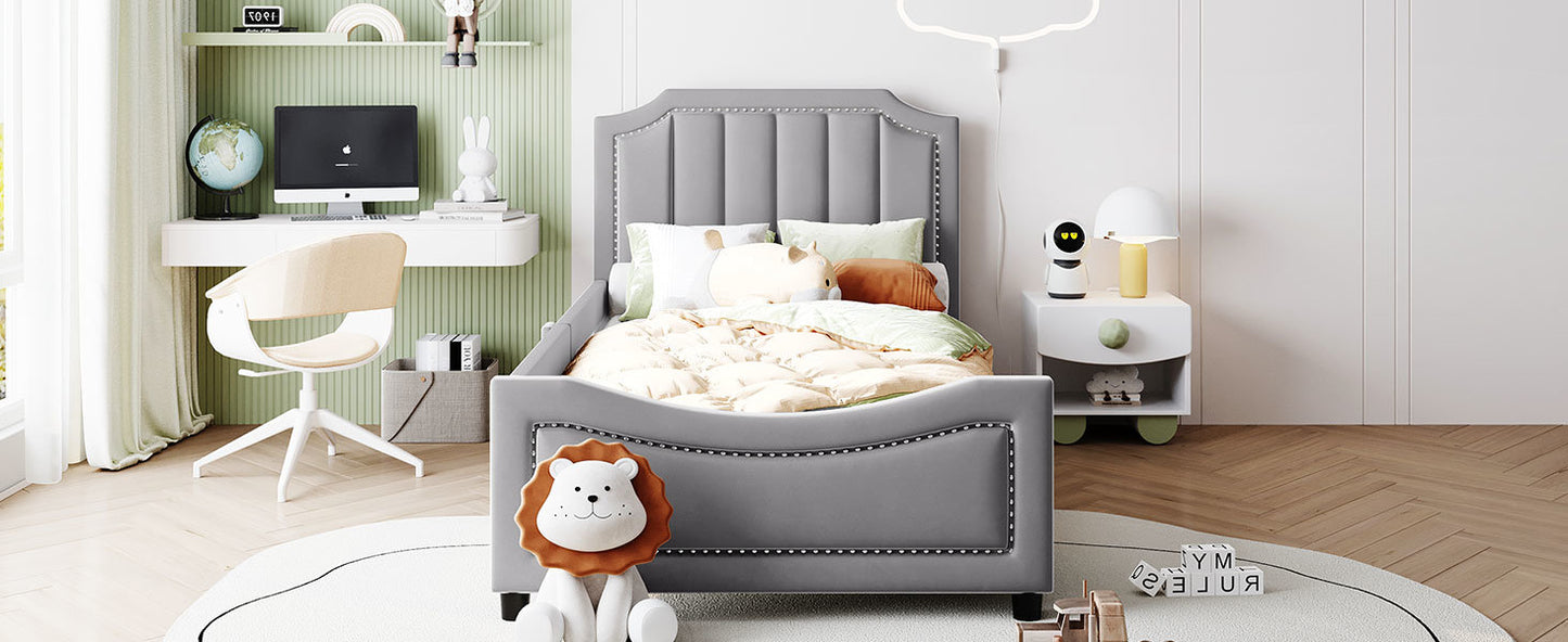 maya upholstered bed with classic stripe shaped headboard, gray