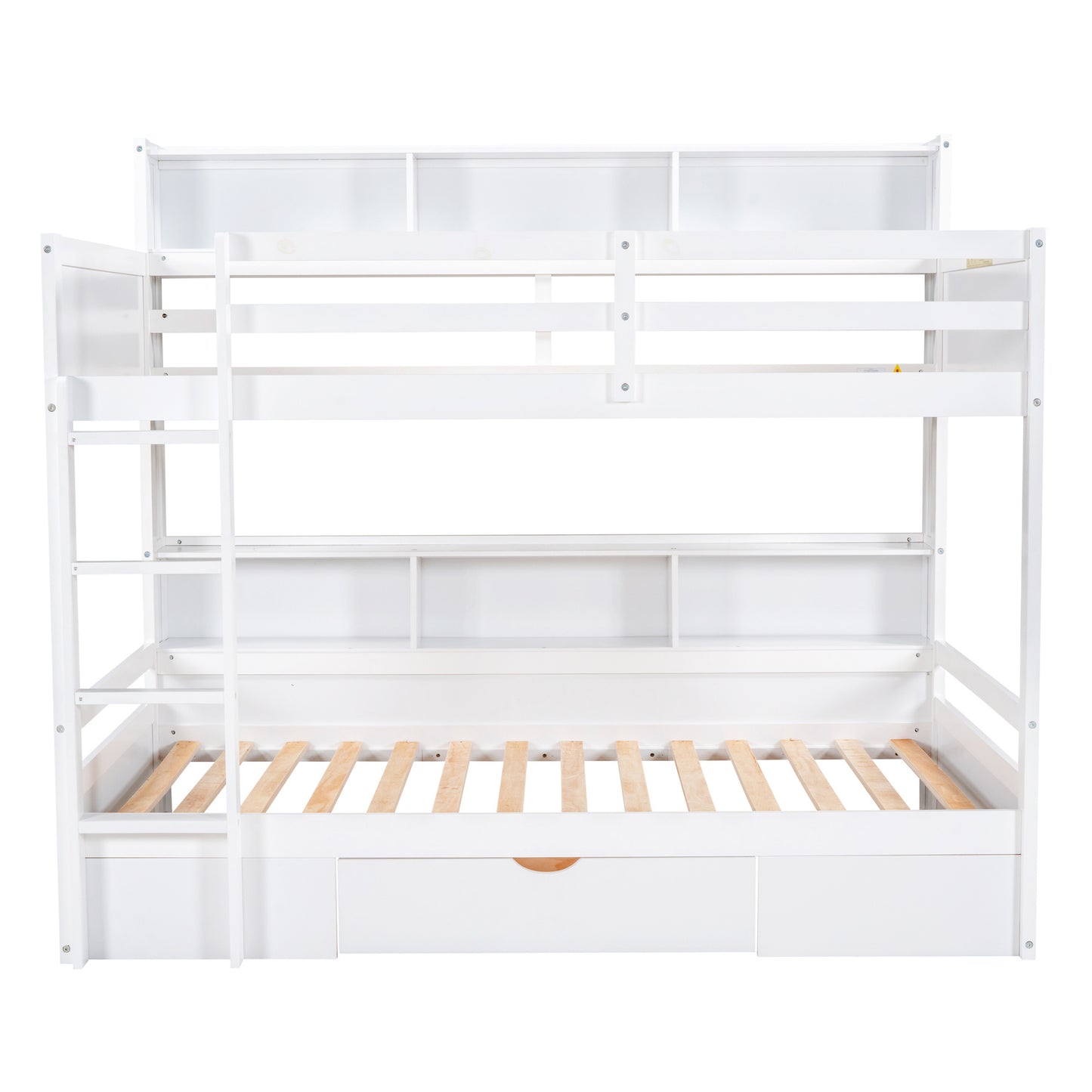 twin size bunk bed with built-in shelves, white