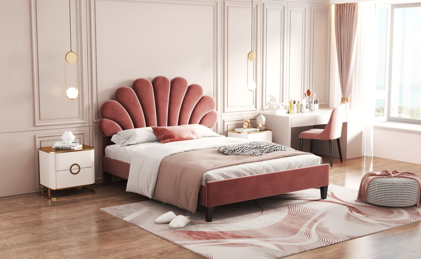 upholstered bed with flower pattern velvet headboard,