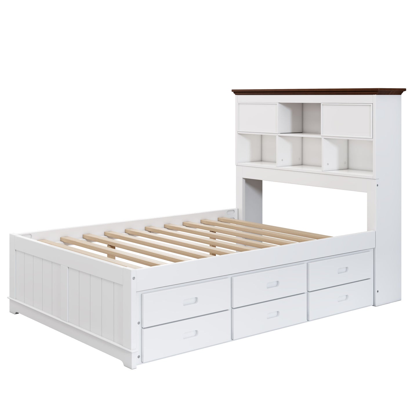 wooden captain bed with trundle and nightstand, white+walnut