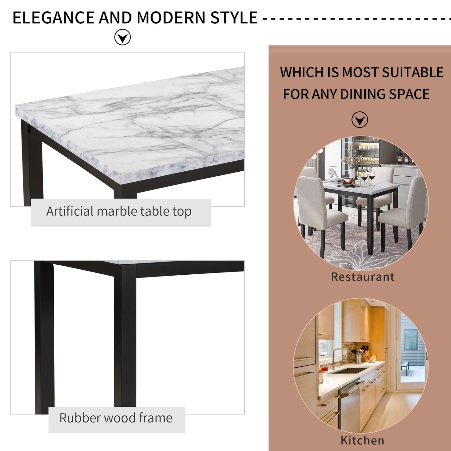 faux marble 5-piece dining table set ,white/beige+black