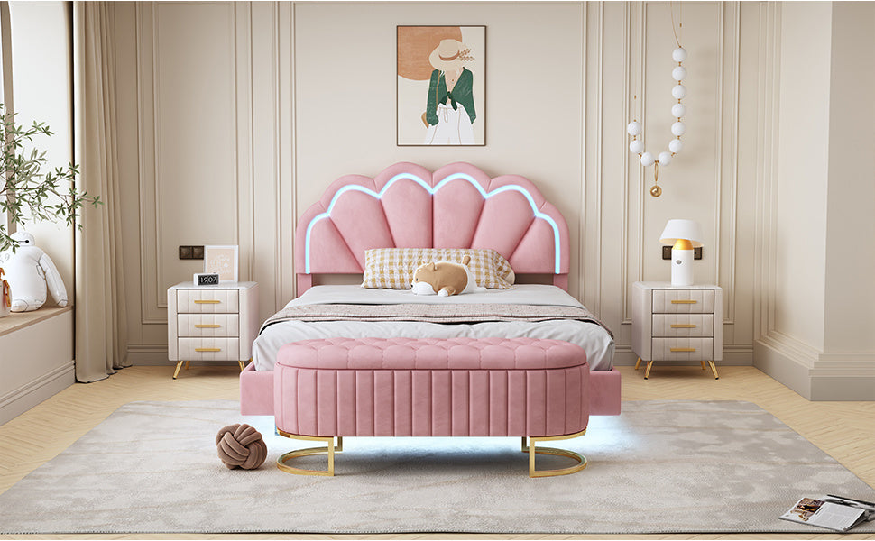 velvet upholstered led platform bed with storage ottoman, pink