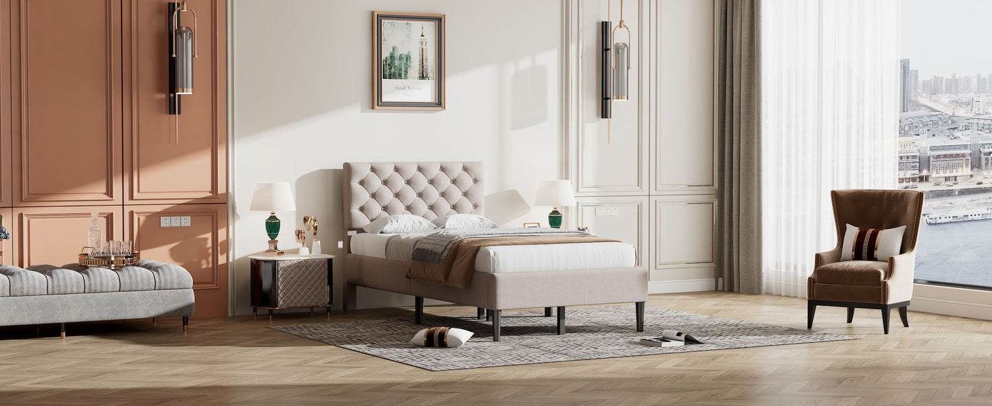 upholstered linen platform bed, beige