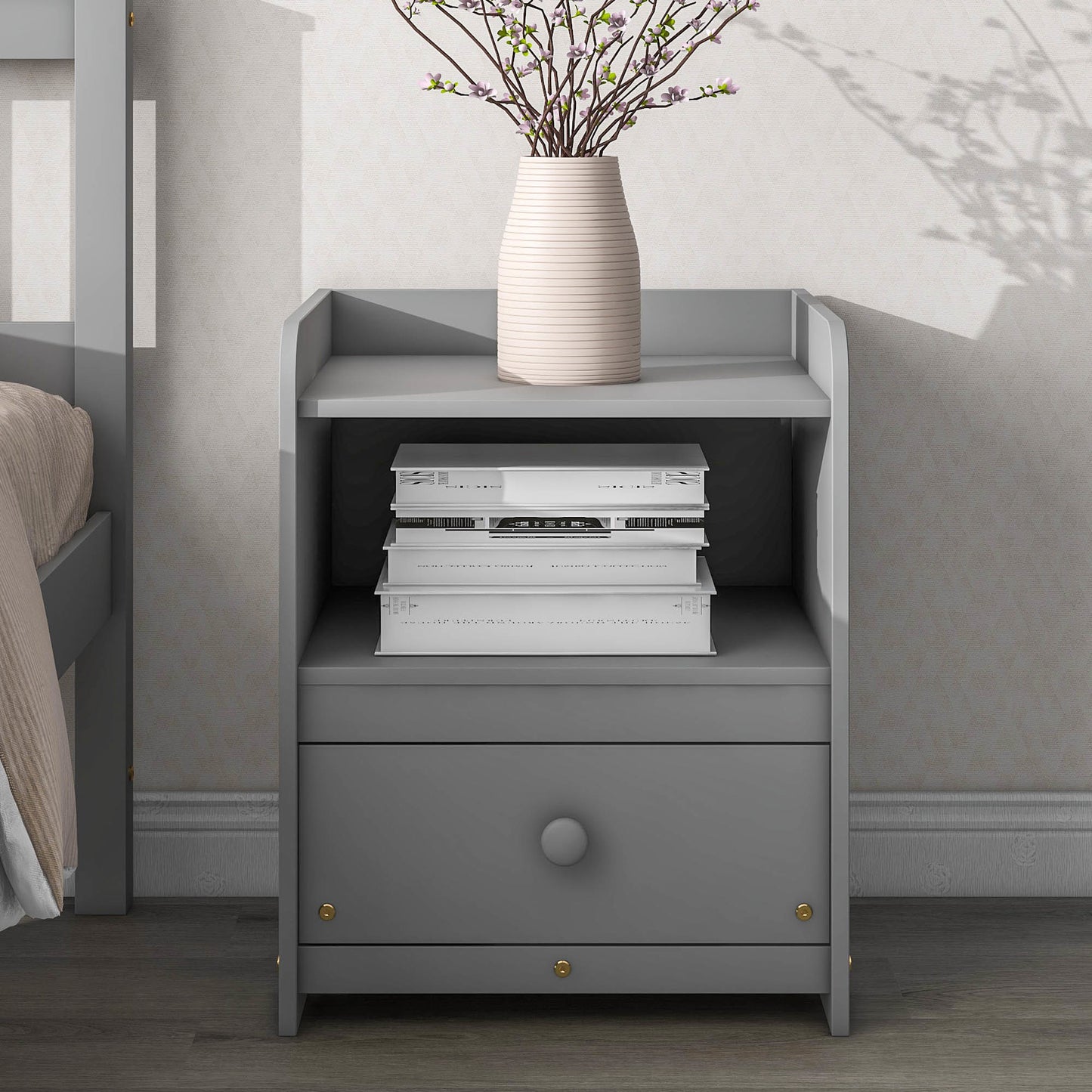 twin bed with headboard & nightstand, grey