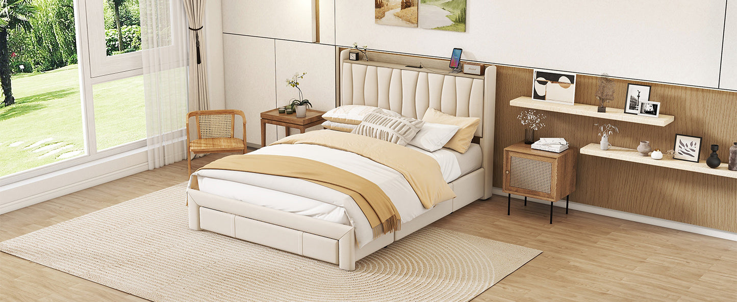 queen size bed frame with storage headboard and charging station, beige