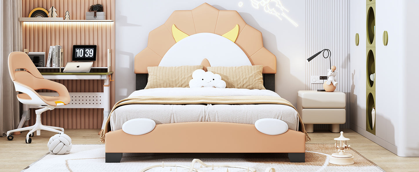 upholstered leather platform bed with lion-shaped headboard, brown