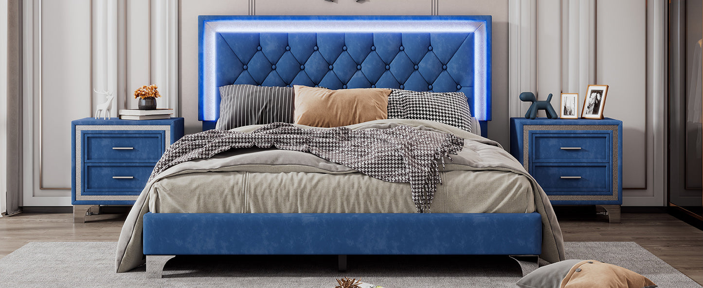 3-pieces upholstered platform bed with led lights and two nightstands-blue