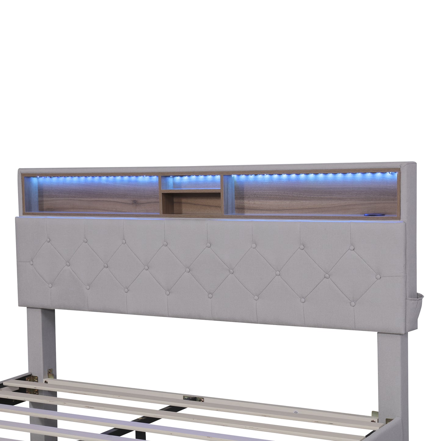 upholstered platform bed with storage headboard, led, usb charging and 2 drawers