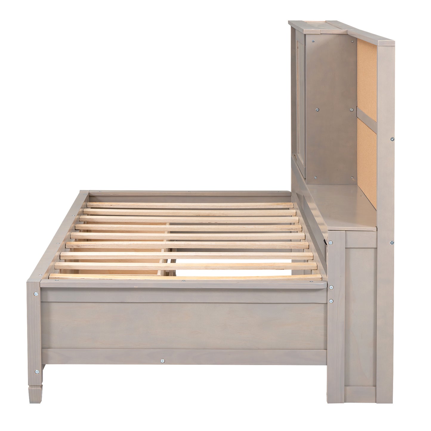 twin size lounge daybed with storage shelves, cork board, usb ports and 3 drawers, antique gray