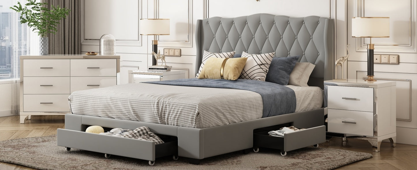 velvet upholstered platform bed with tufted headboard and 3 drawers, gray