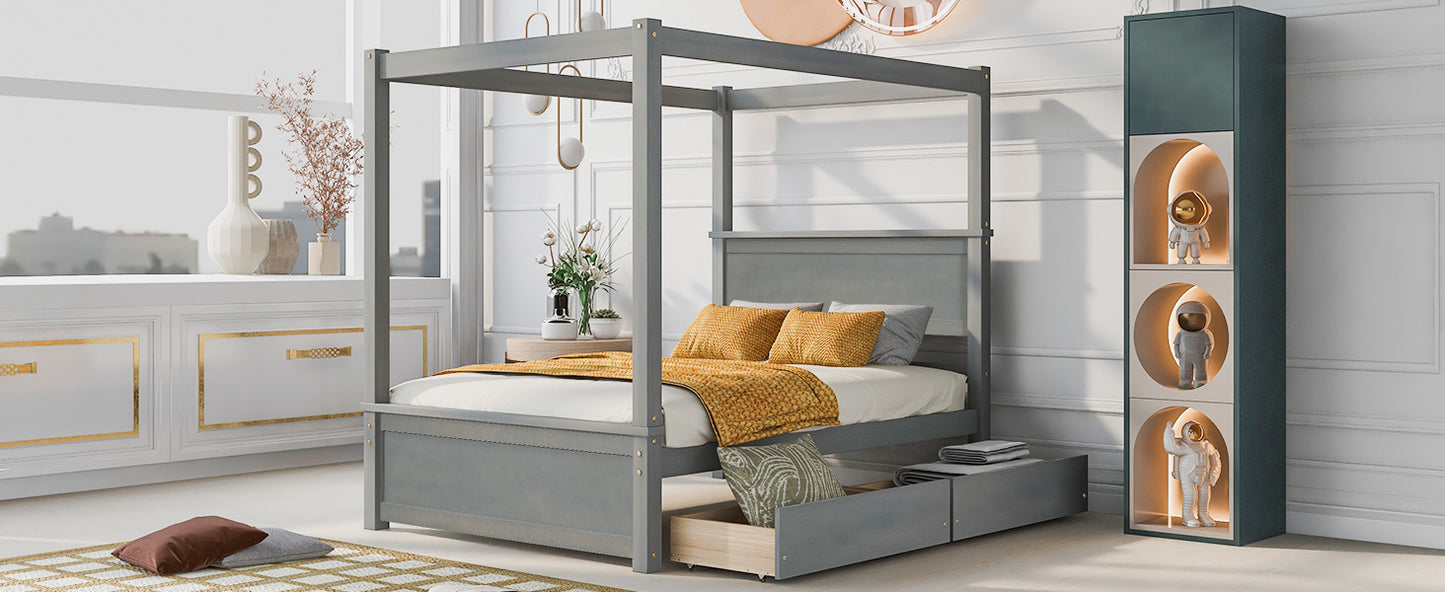wood canopy bed with two drawers, grey