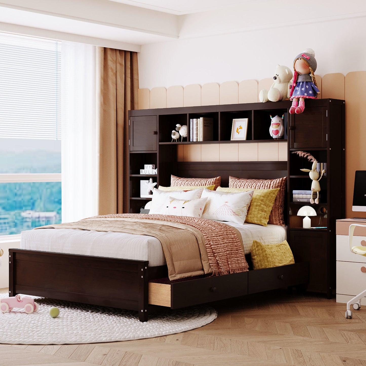 wooden bed with all-in-one cabinet and shelf