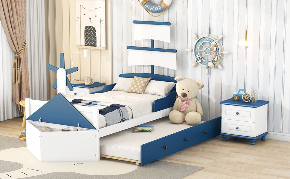 boat-shaped bed with twin size trundle & storage, blue