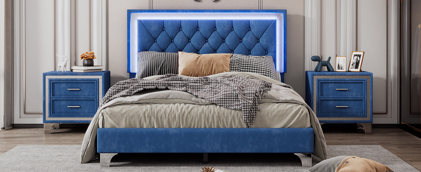 upholstered bed frame with led lights, blue