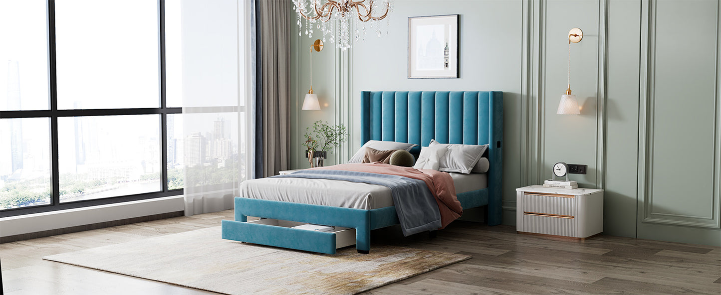 danny velvet upholstered platform bed with a big drawer - blue