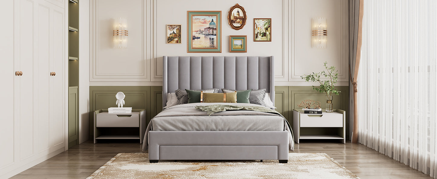 velvet upholstered platform bed with a big drawer - gray