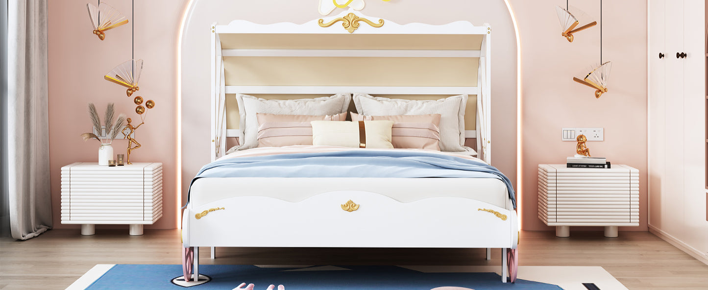 princess carriage bed with canopy, white+pink+gold