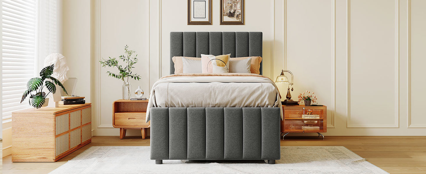 dana upholstered platform bed with trundle and 3 drawers, gray