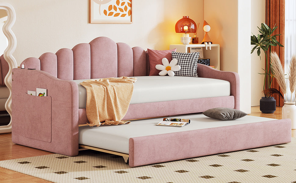 upholstered daybed with trundle & usb charging ports, pink