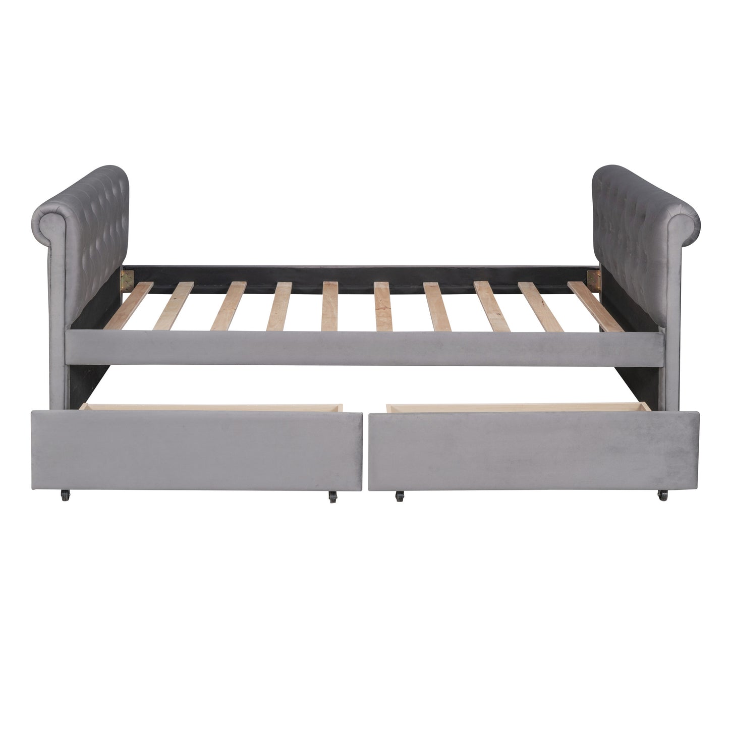 sara upholstered bed with drawers, gray