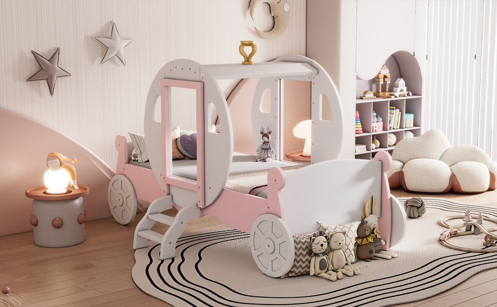 princess carriage bed with crown ,white+pink