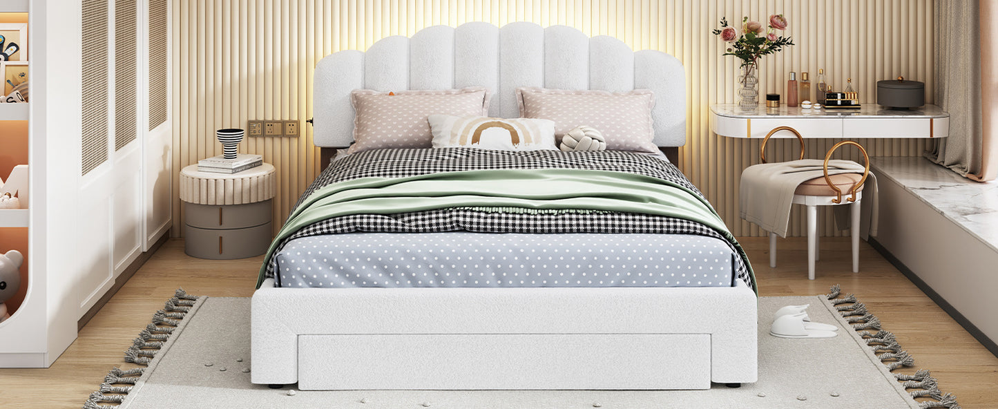 teddy fleece upholstered platform bed with drawer, white