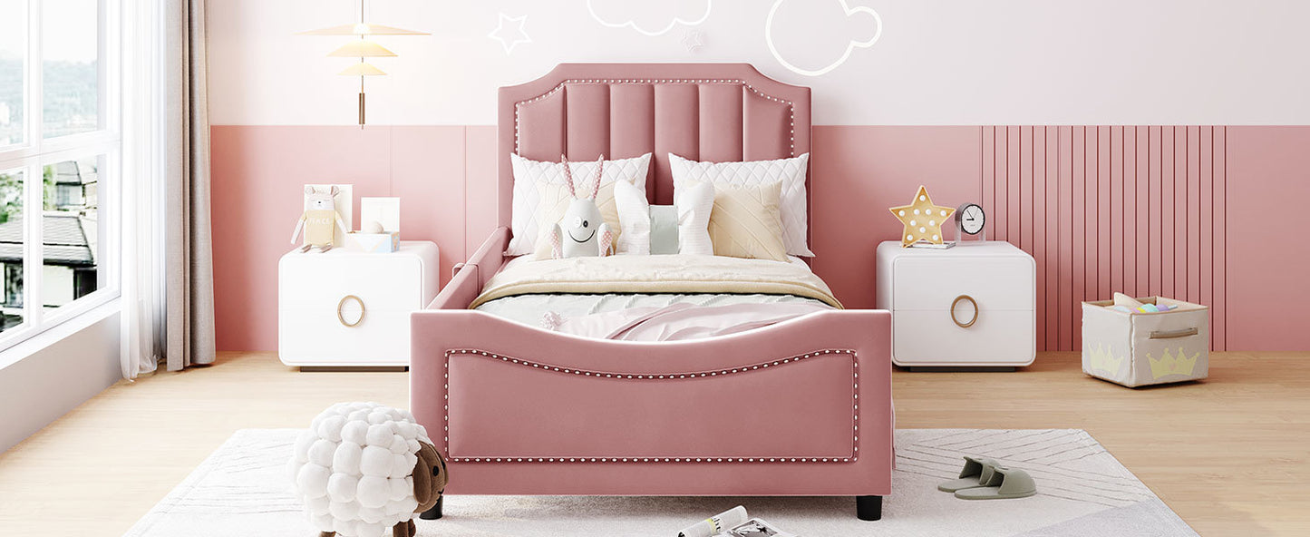 twin size upholstered daybed with classic stripe shaped headboard, pink