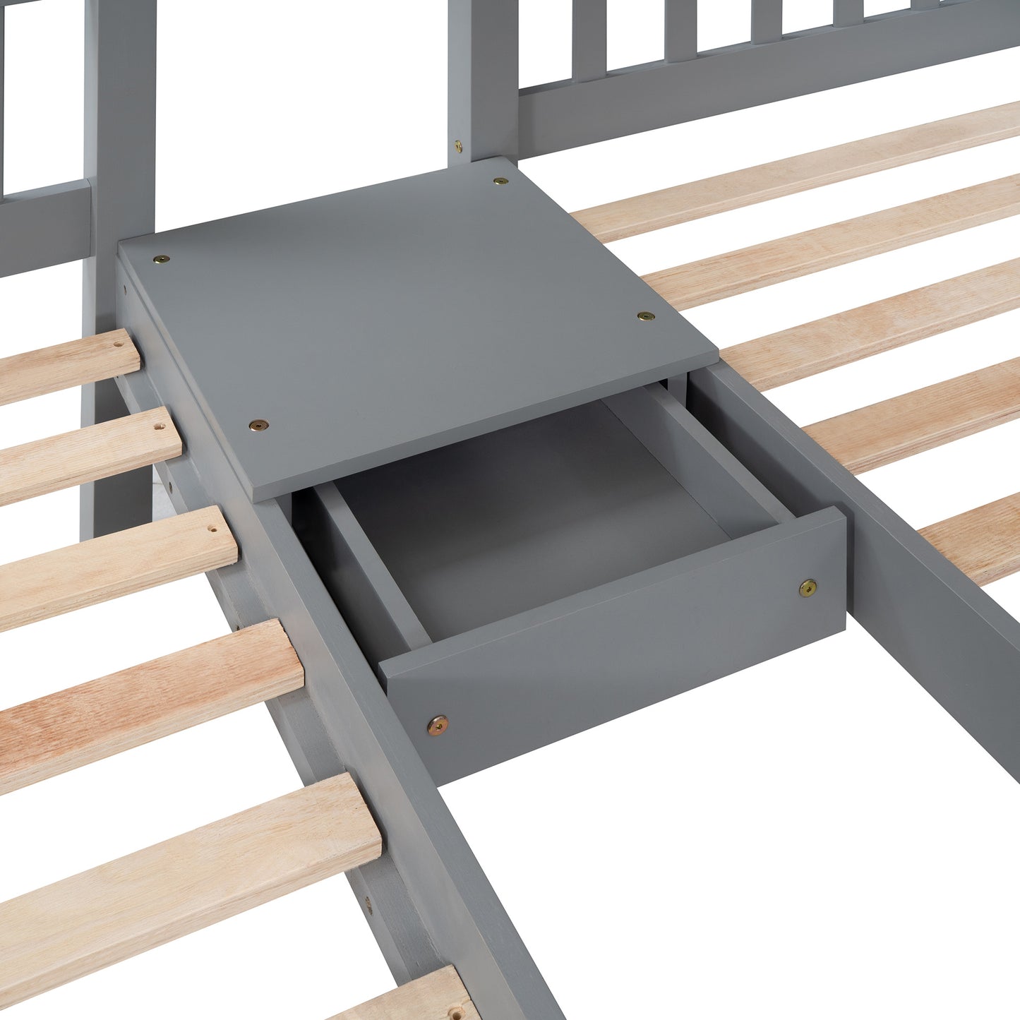 triple bunk bed with drawers and guardrails, gray