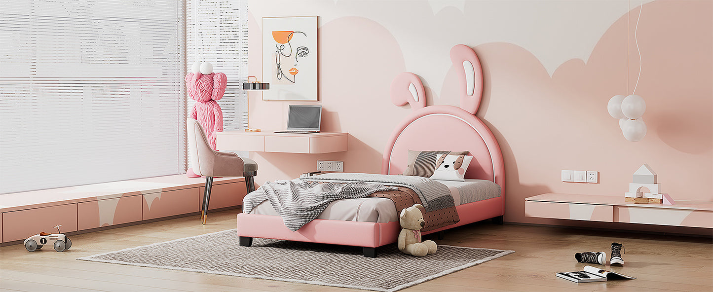 twin size upholstered leather platform bed with rabbit ornament, pink