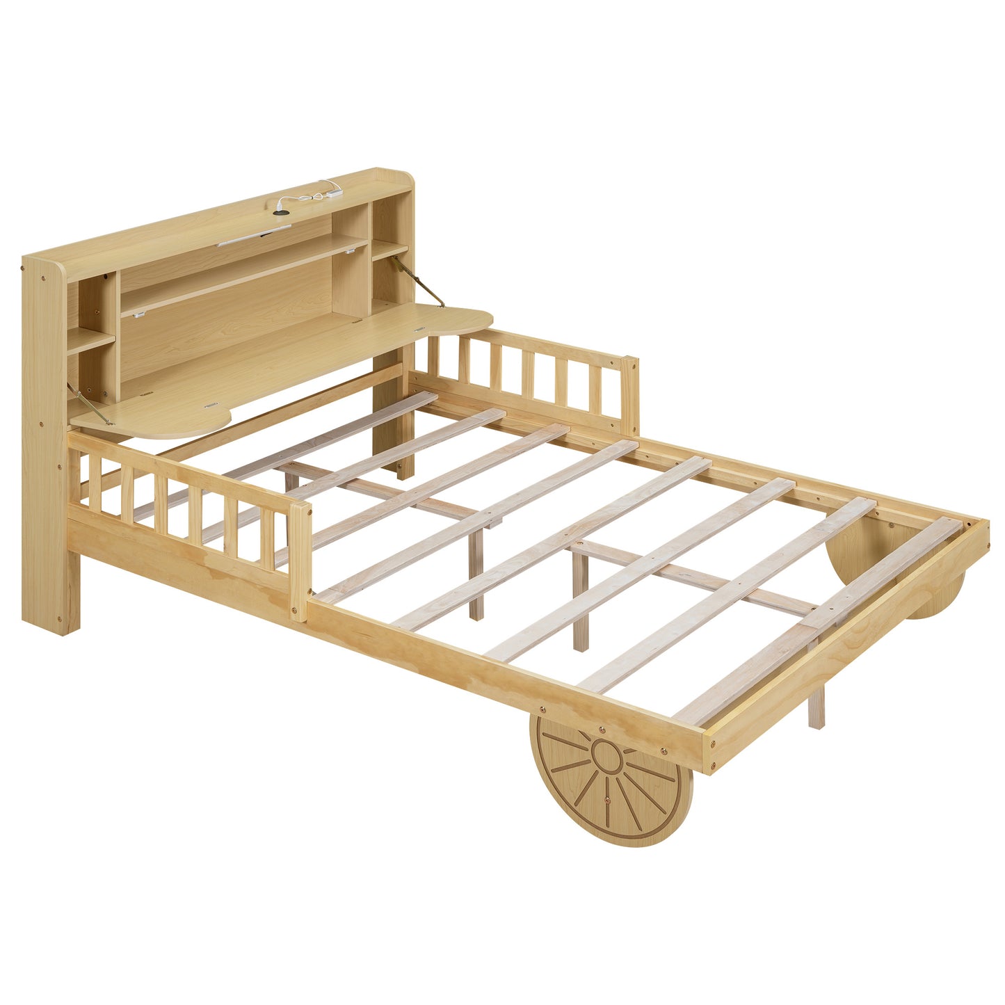 car bed with bear-shaped headboard, usb and led, natural
