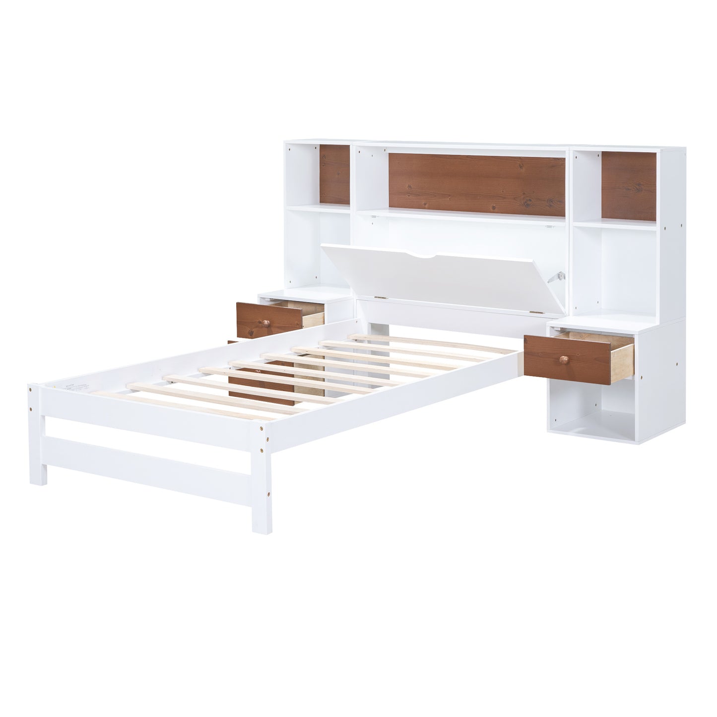 twin size platform bed with storage headboard and drawers, white