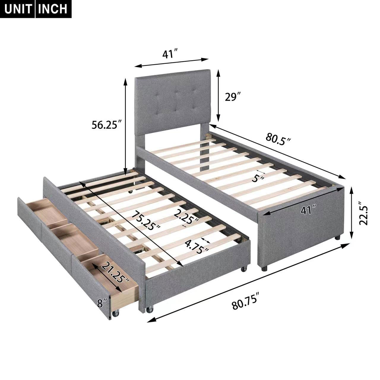 upholstered platform bed with pull-out twin size trundle and 3 drawers, gray