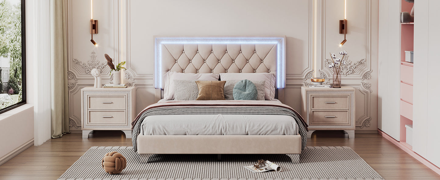 upholstered bed frame with led lights, beige