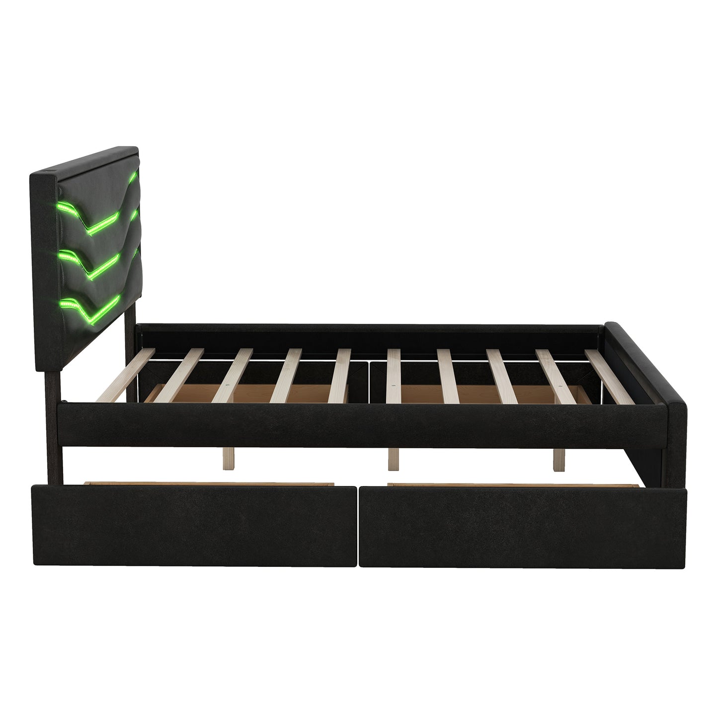 retro upholstered storage platform bed with led, 4 drawers and usb charging, black