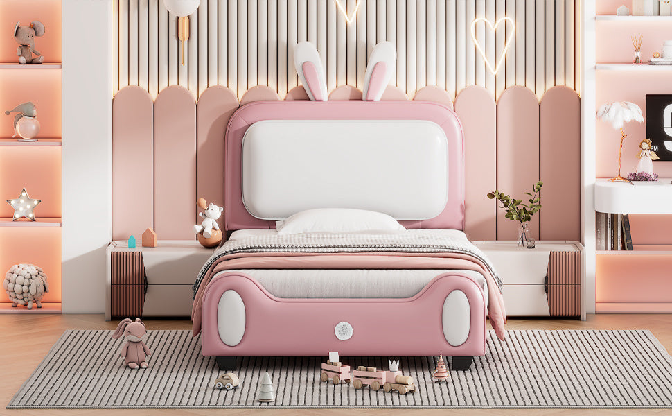 upholstered rabbit-shape princess bed, white+pink
