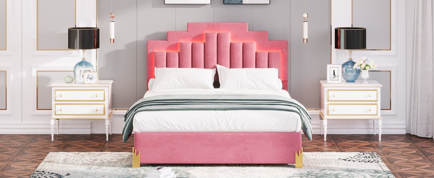 irregular upholstered platform bed with led lights and 4 drawers, pink