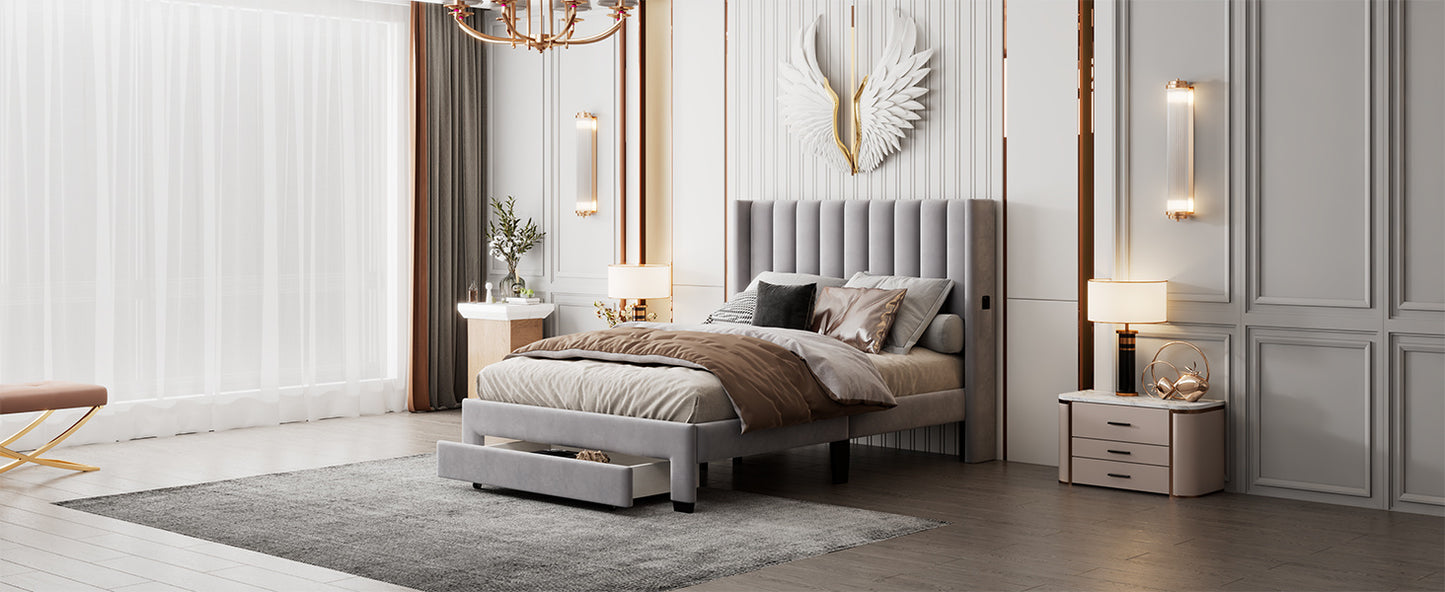 danny velvet upholstered platform bed with a big drawer - gray