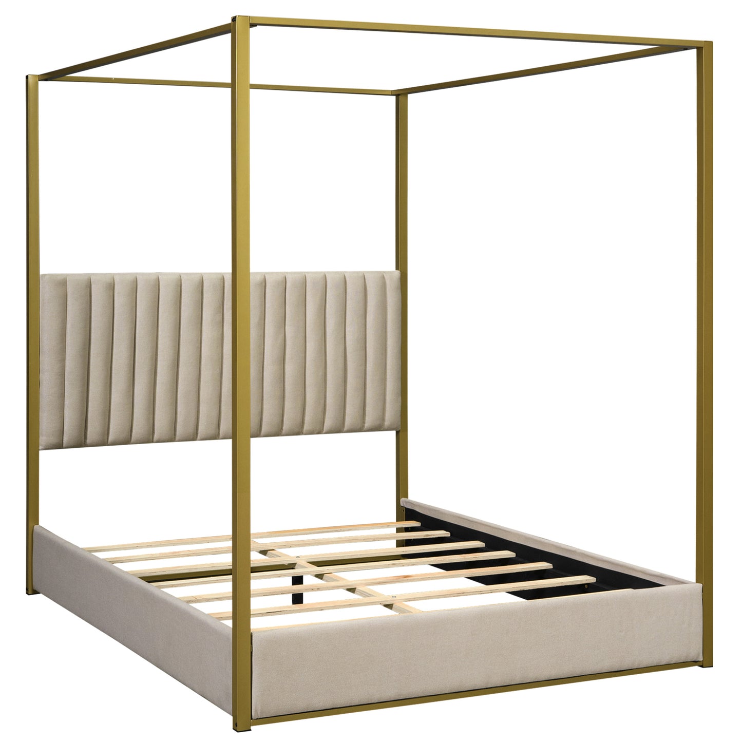 queen size upholstery canopy platform bed with headboard and metal frame, beige