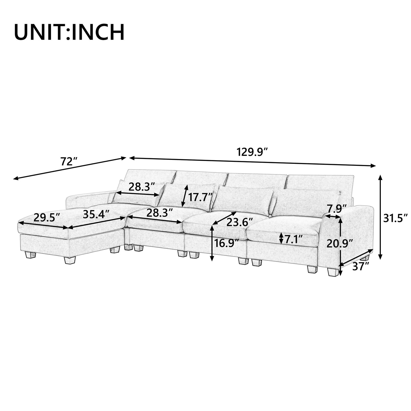 ustyle modern large l-shape feather filled sectional set, cream