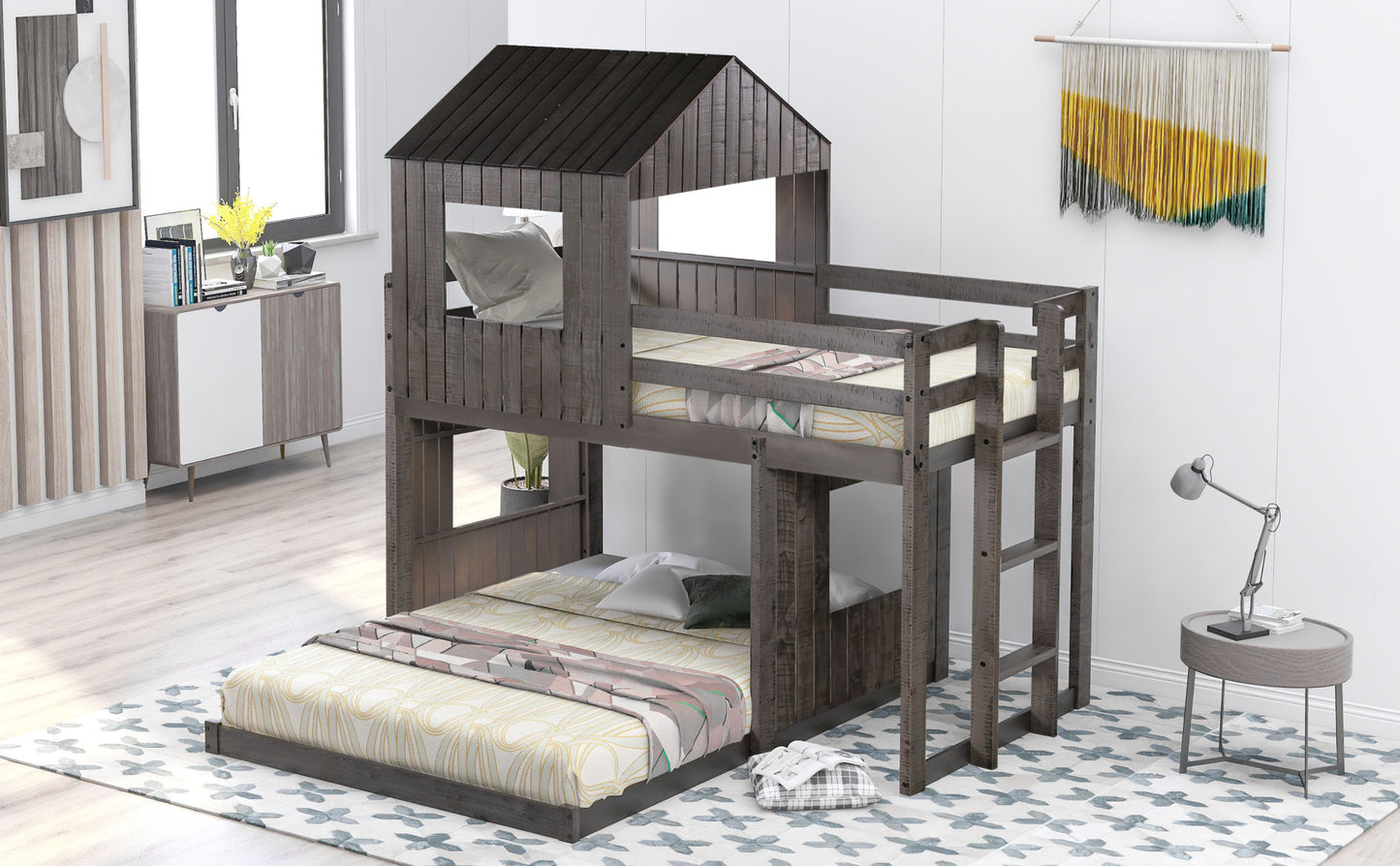 loft bed with playhouse, farmhouse, ladder and guardrails , antique gray