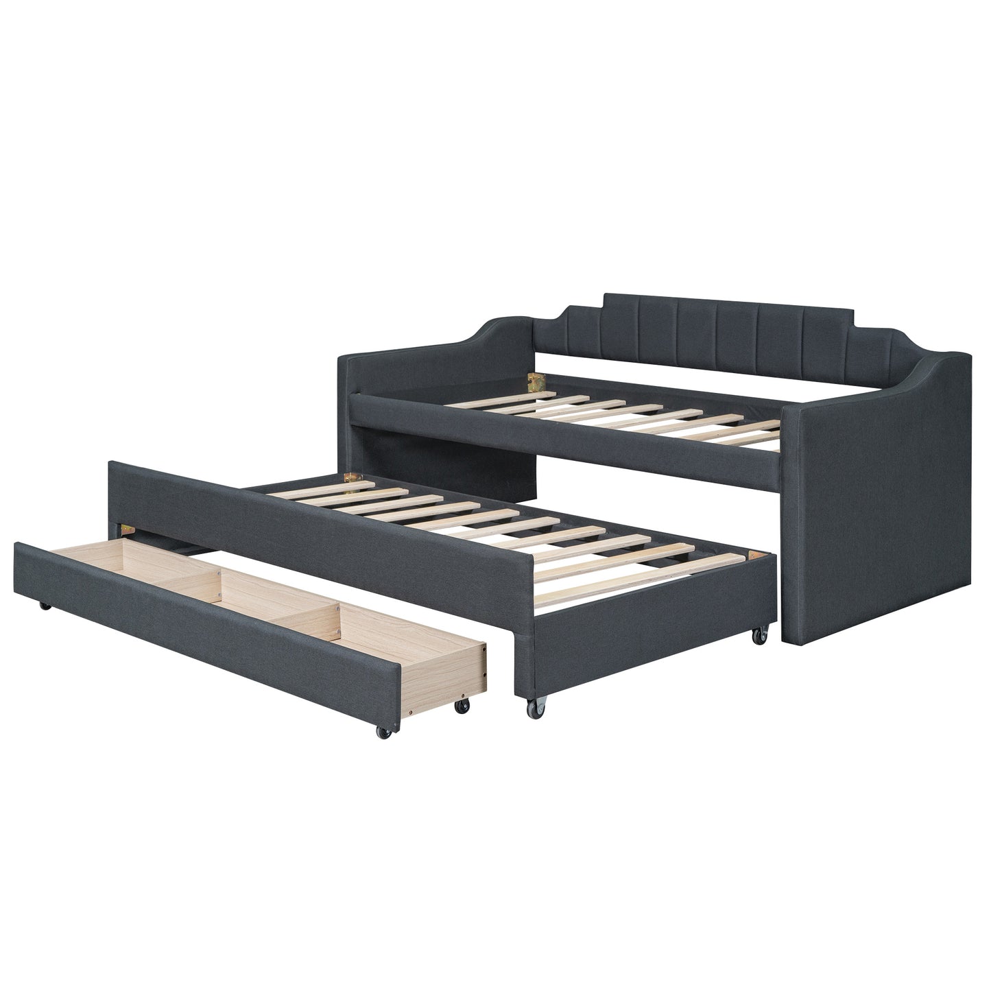 upholstered bed with trundle and three drawers, grey