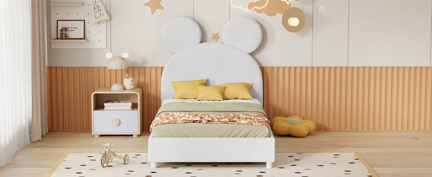 upholstered bed with bear ear shaped headboard, beige