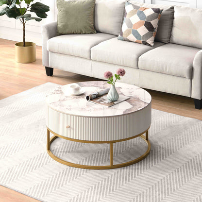 Marble Round Coffee Table with Drawers – Modern Living Room Centerpiece